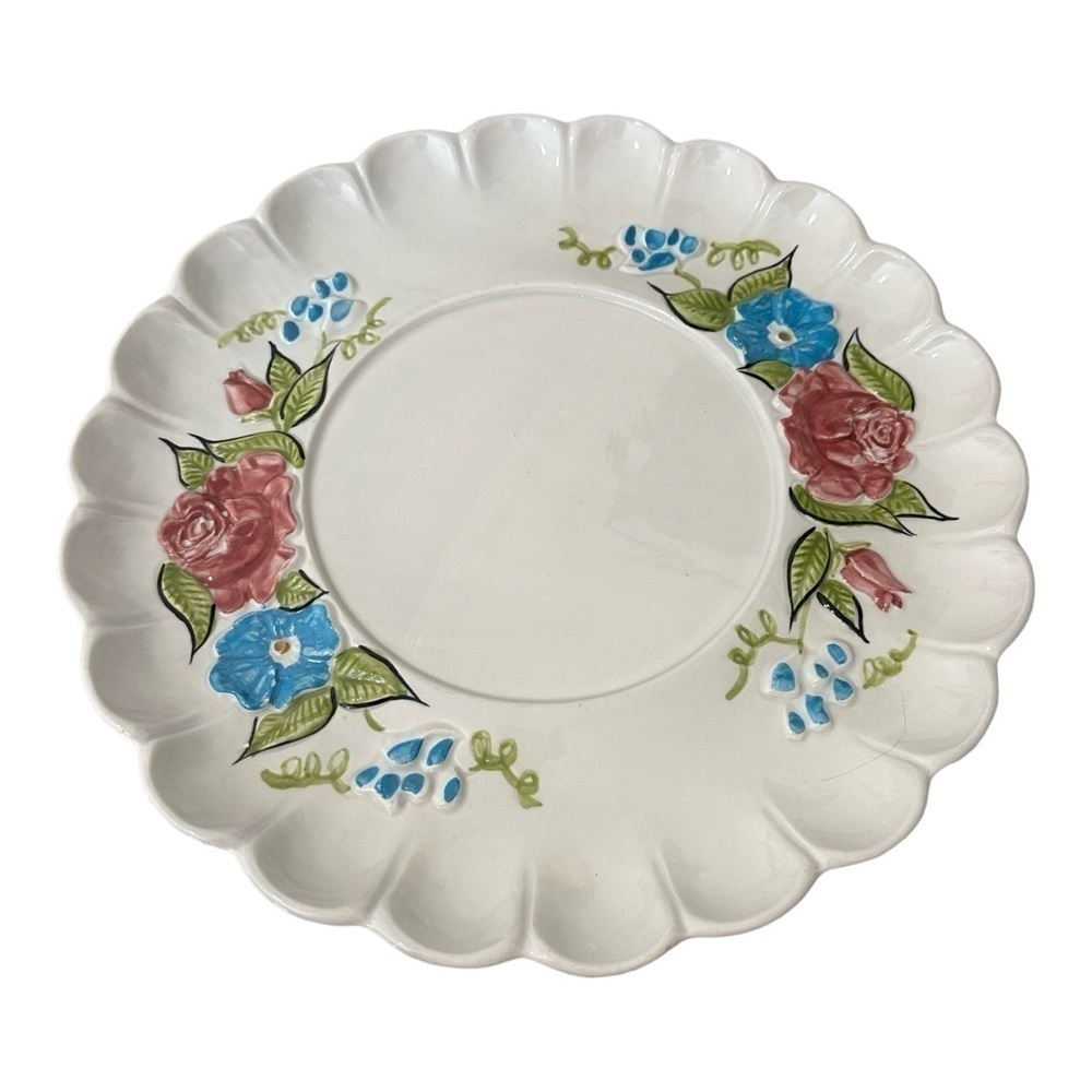 Vintage Ceramic California Floral Pink Rose Platter 13 Inches Scalloped Edges